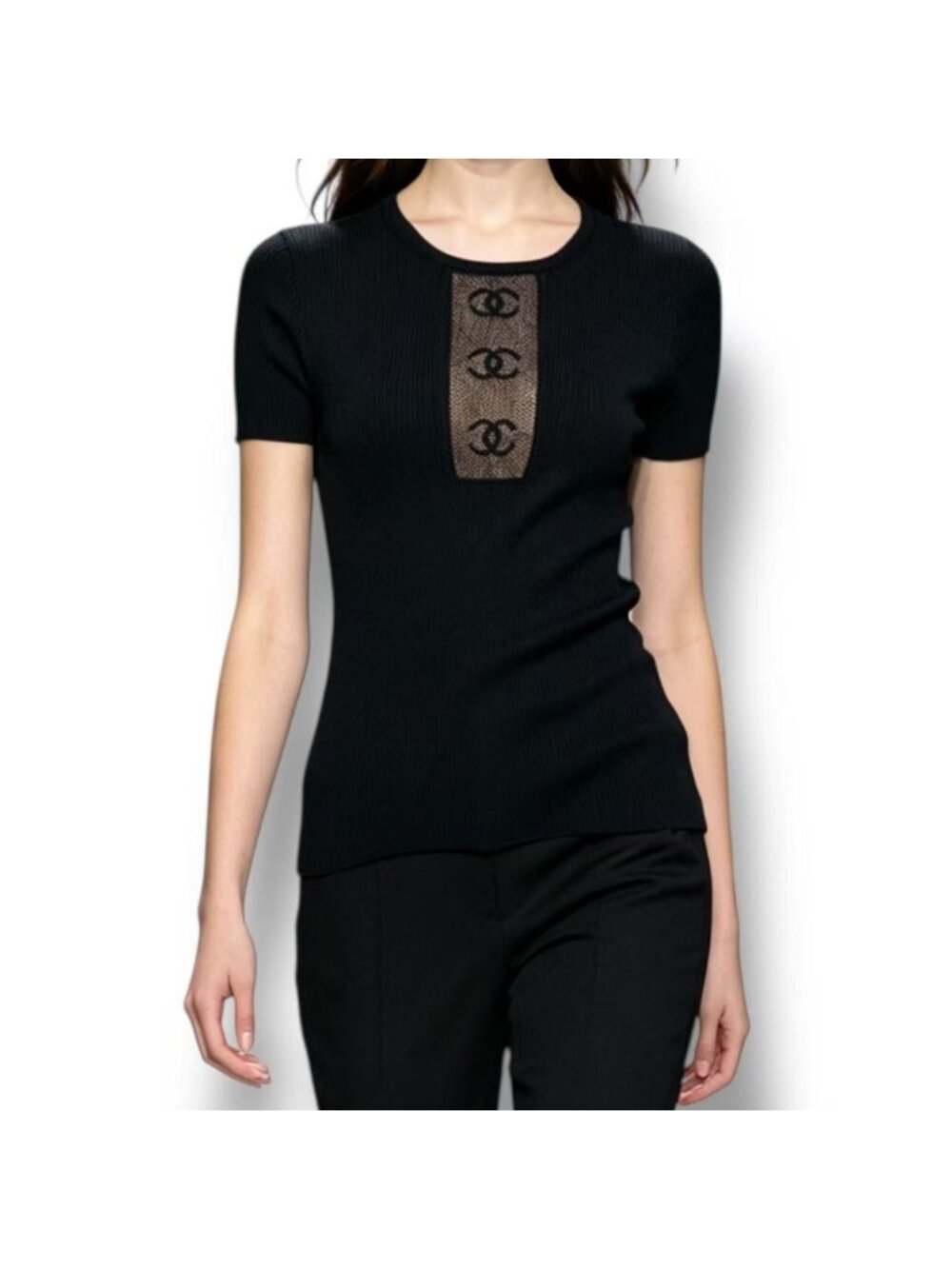 Chanel Short Sleeve Top CC Logo Sheer